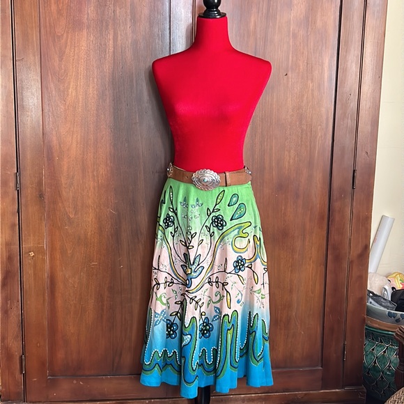 Vintage Bohemian Embroidered Sequined Linen Swing Skirt M - Picture 6 of 9